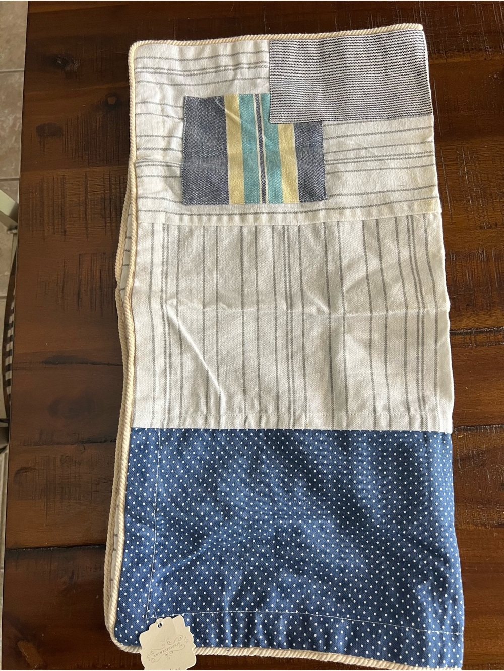 Blue and Cream Patchwork Quilted square table covering/runner—NWT!